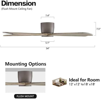 WINGBO 54" Flush Mount DC Ceiling Fans without Lights, 5 Carved Solid Wood