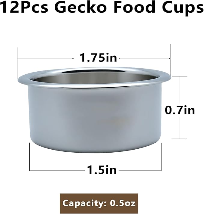 Tfwadmx 12Pcs Gecko Feeding Cups, 0.5oz Metal Reptile Food Cups, Crested Gecko Food Dish, Feeding Ledge Accessories for Small Lizards, Tarantulas
