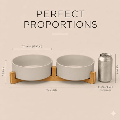 SPUNKYJUNKY Ceramic Dog and Cat Bowl Set with Wooden Stand, Modern Cute Weighted Food Water Bowl Set for Medium to Large Size Dogs (42 OZ, 2 × Grey)