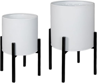 ARNIS Modern Plant Pots, Set of 2 Large Planters with Stand, Decorative Planters, Metal Pots with Drainage Holes for Living Room, Office, Garden or Balcony, 8.25 &10.5 Inch, White