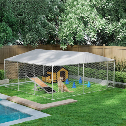 7' Dog Kennel Outdoor For Small Medium Large Dogs With Waterproof Roof, Silver Multiple Packages