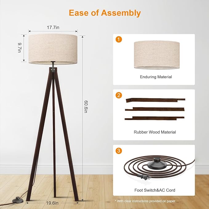 LEPOWER Wood Tripod Floor Lamp, Mid Century Standing Lamp, Modern Design Studying Light for Living Room, Bedroom, Study Room and Office, Flaxen Lamp Shade with E26 Base Walnut