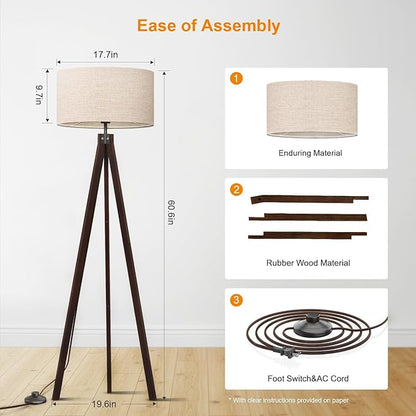 LEPOWER Wood Tripod Floor Lamp, Mid Century Standing Lamp, Modern Design Studying Light for Living Room, Bedroom, Study Room and Office, Flaxen Lamp Shade with E26 Base Walnut