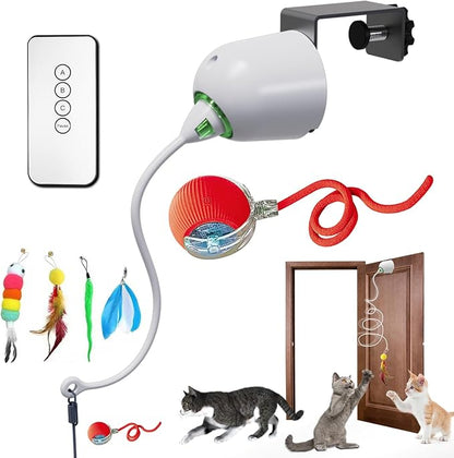 Cat Toys Hanging Door Electric and Moving Ball, Cats Toy Interactive for Indoor for Bored Feather Toys Kitten Rechargeable Door Hanging Automatic Retractable String（White）