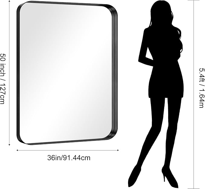 CIRCUMI Black Bathroom Mirror, Rounded Corner, Tempered Glass, Large Mirror