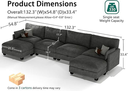 Modular Sectional U Shaped Sofa Couches for Living Room, Cloud Couch with Storage Ottoman, Comfy Chenille Sofa with Pillow, Dark Gray