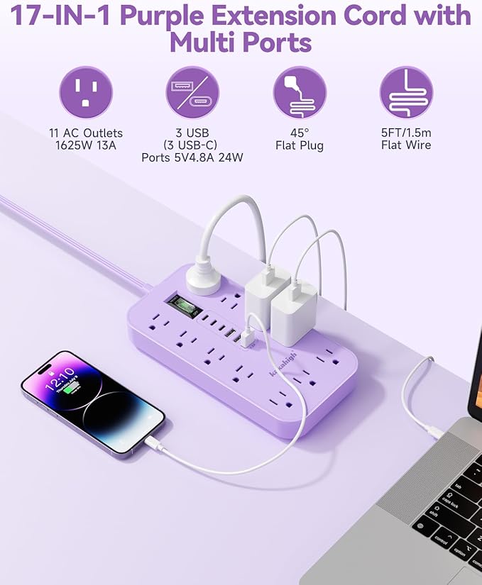 Purple Extension Cord with Multiple Outlets- 5 FT Lavender Power Strip