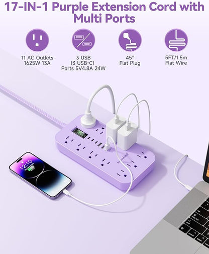 Purple Extension Cord with Multiple Outlets- 5 FT Lavender Power Strip
