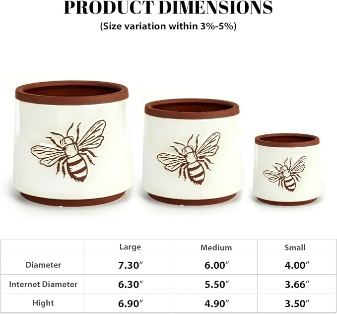 YBX Terracotta Pots Inch with Drainage Holes, Bee Decor, Ceramic Pots for Indoor Plants Flower Pots Outdoor, Succulent, Herbs, Snake Plants (White, 8+6+4 Inch)