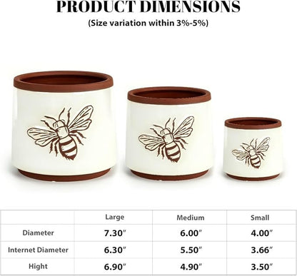 YBX Terracotta Pots Inch with Drainage Holes, Bee Decor, Ceramic Pots for Indoor Plants Flower Pots Outdoor, Succulent, Herbs, Snake Plants (White, 8+6+4 Inch)