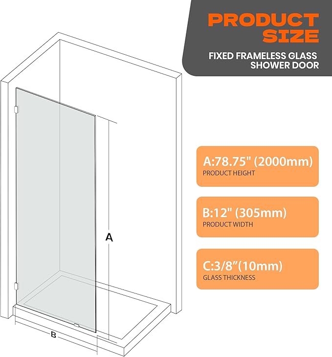 Bathroom Shower Door 12" W x 78.75" H, Frameless Fixed 3/8" Thick Clear