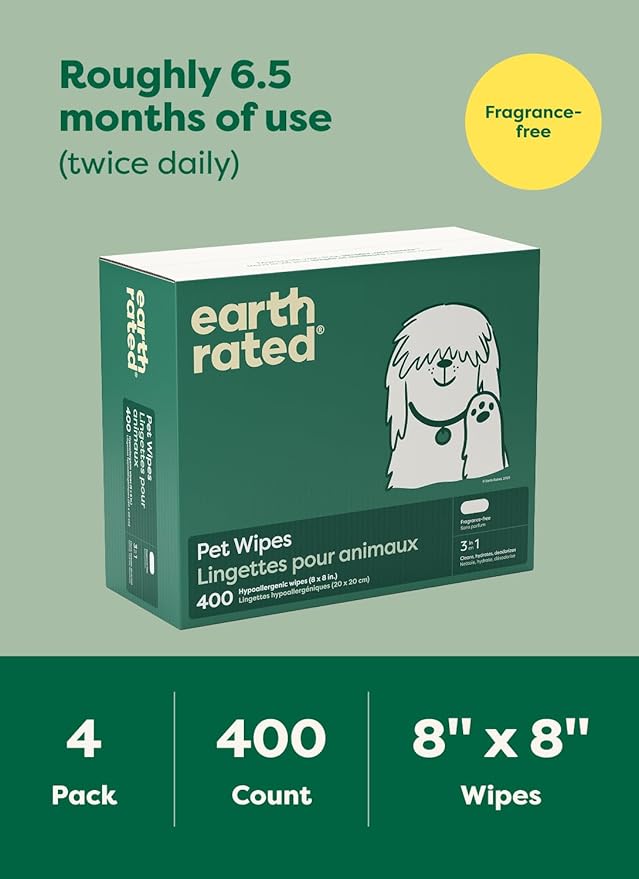 Earth Rated Pet Wipes for Dogs and Cats, Hypoallergenic, Cleaning and Hydrating