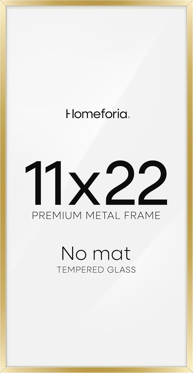 Homeforia 11x22 Newspaper Frame Gold, High End Metal 11 x 22 Picture Frame without Mat, 22x11 Thin Gold Poster Frames for Wall, 11 by 22 inches Display Photo Frames, Tempered Glass, Wall Kit, Set of 1