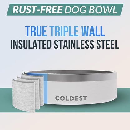 Coldest Dog Bowl - Anti Rust Metal, Non Slip, 3 Layers Insulated Stainless Steel Dog Bowls - Spill Proof & Heavy Duty - Water Bowl for Dogs, Cats & Pets, Dish Washer Safe (42 oz, Epic White)
