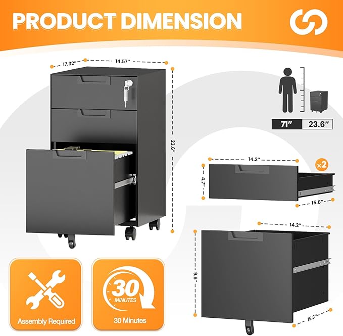 3 Drawer File Cabinet with Lock, Fully Assembled Metal Mobile Filing Cabinets