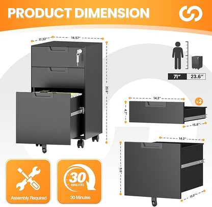 3 Drawer File Cabinet with Lock, Fully Assembled Metal Mobile Filing Cabinets
