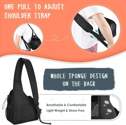SlowTon Dog Sling Carrier, Hands Free Hard Bottom for Small Dogs up to 6 lb | Breathable Mesh Support, Adjustable Padded Strap, with Pocket Safety Belt, Machine Washable, for Small Animal Puppy, Black