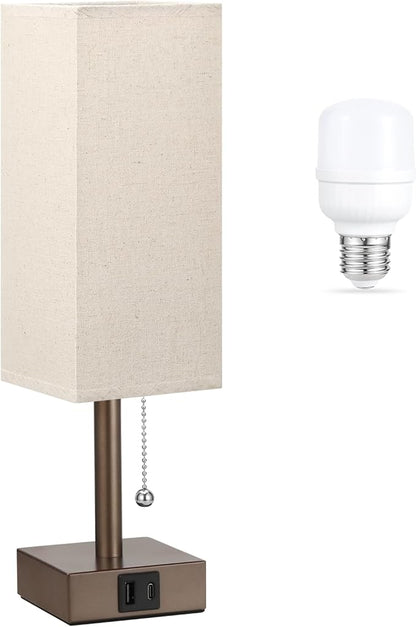 aooshine Beige Small Table Lamp for Bedroom - 3 Color Temperature 3000K 5000K 4000K Bedside Lamp, Pull Chain Control, USB A and C Ports, Brown Base, Bulb Included