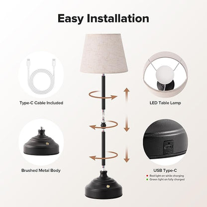 Cordless Table Lamp, Rechargeable Desk Lamp with Fabric Shade, Battery Operated Lamp 3 Color Stepless Dimming, Portable Small Touch Bedside Lamp Home Decor for Dining, Counter (Matte Black)