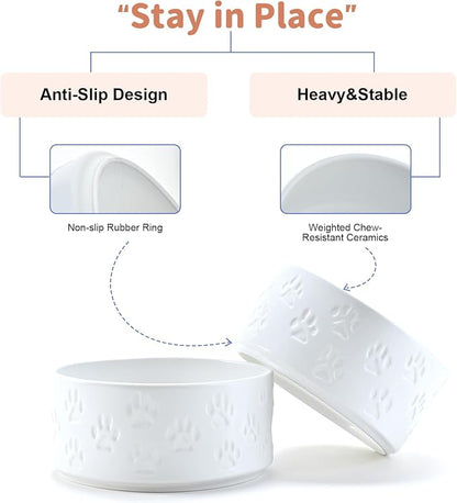 SPUNKYJUNKY Ceramic Dog and Cat Bowls 2 Pack, 6.1'' Dog and Cat Food Water Double Feeding Bowls Non-Slip for Large Sized Breed Microwave Dishwasher Safe - 28.7 OZ, 2pcs, Paw White