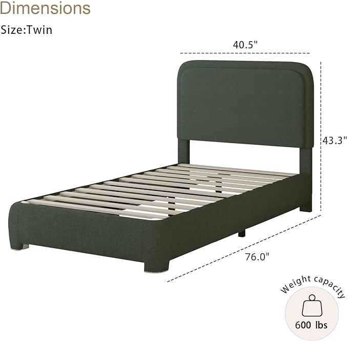 BarnFurin Twin Size Bed Frame, Boucle Upholstered Platform Bed Frame with Headboard, Modern Style, Soft Rounded Corners, No Box Spring Required, Easy Assembly, Green