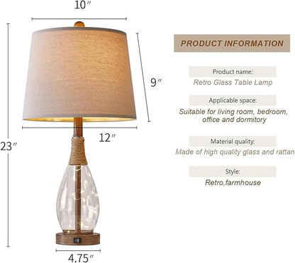OYEARS 23" USB A+C Table Lamp Set of 2 Modern Bedside Lamps Retro Farmhouse Rattan Glass Nightstand Nightlight Lamps for Bedroom Living Room Dorm,Two Light Points