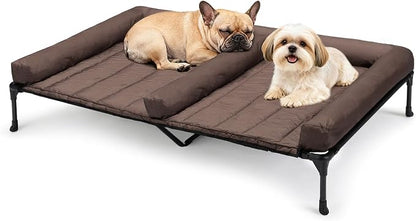 Veehoo Elevated Dog Bed for 2 Dogs, Cooling Raised Dog Bed with Bolster Mat | Outdoor Double Dog Bed with Removable Waterproof Cushion, Breathable Mesh, Non-Slip Feet for Outdoor & Indoor, 49", Brown