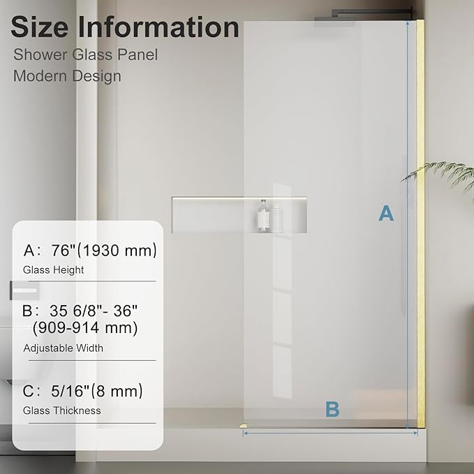 Bathbliss 36" W x 76" H Frameless Shower Glass Panel, 8mm Clear Tempered Glass