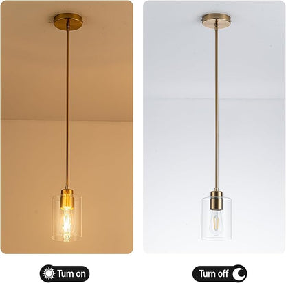 MAYNA 2-Pack Brushed Brass Pendant Lights, Elegant Glass Hanging Lighting with Bulbs, Adjustable Rods Modern Fixtures for Kitchen Island, Breakfast Bar