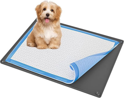 Skywin Dog Pee Pad Holder Tray Fits for 28” x 30” Pee Pads - 1 Pack - Grey | Corner Lock Holes, Raised Edges, Non-Spill, Easy to Clean Silicone Dog Potty Tray Holder, For Indoor Floor Protection