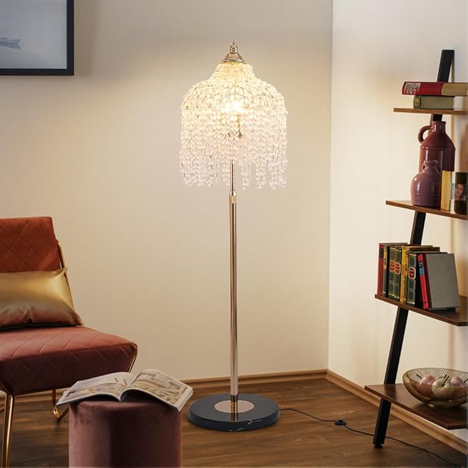 Vintage Style Floor Standing Lamp, Waterfall Design with Grape-Shaped Tall Gold Pole Light, Modern Dimmable Crystals Standing Lamps (Gold + Iron-7)