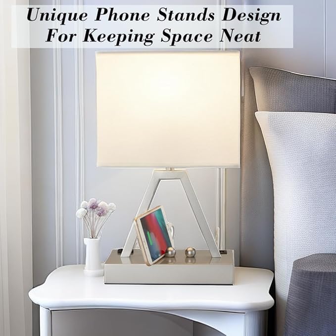 Briever Touch Control Table Lamp, 3-Way Dimmable Desk Lamp with USB C & A and AC Outlet, Bedside Lamp with Phone Stand and Fabric Shade for Bedroom, Living Room, Bulb Included, Silver