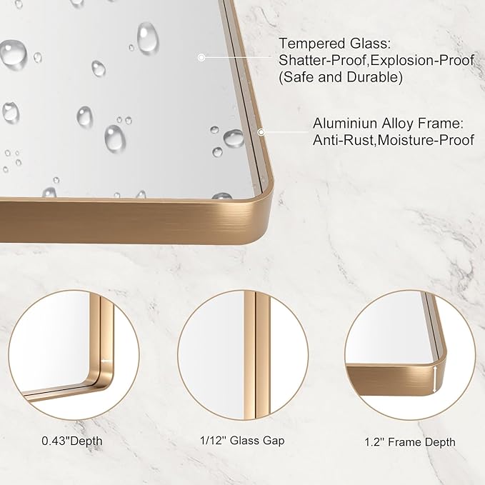 LOAAO 60”X36” Gold Bathroom Mirror, Rounded Rectangle Gold Frame Mirror