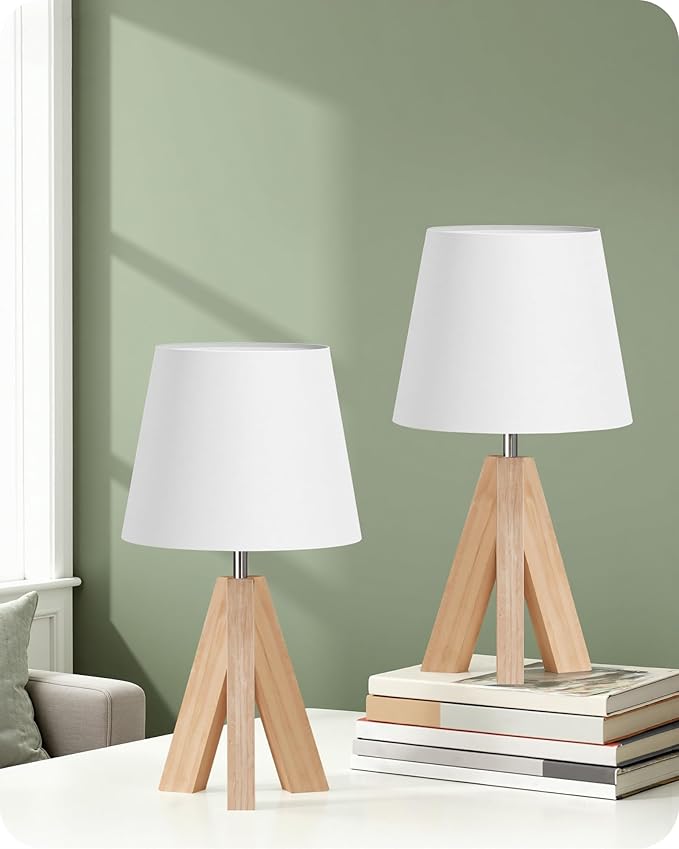 Wood Bedside Lamps Set of 2, Small Tripod Table Lamp, Modern Nightstand Lamp with Fabric Shade, Boho Bedside Wood Desk Lamp for Bedroom, Kids Room, Living Room, Study, White W51TLP205