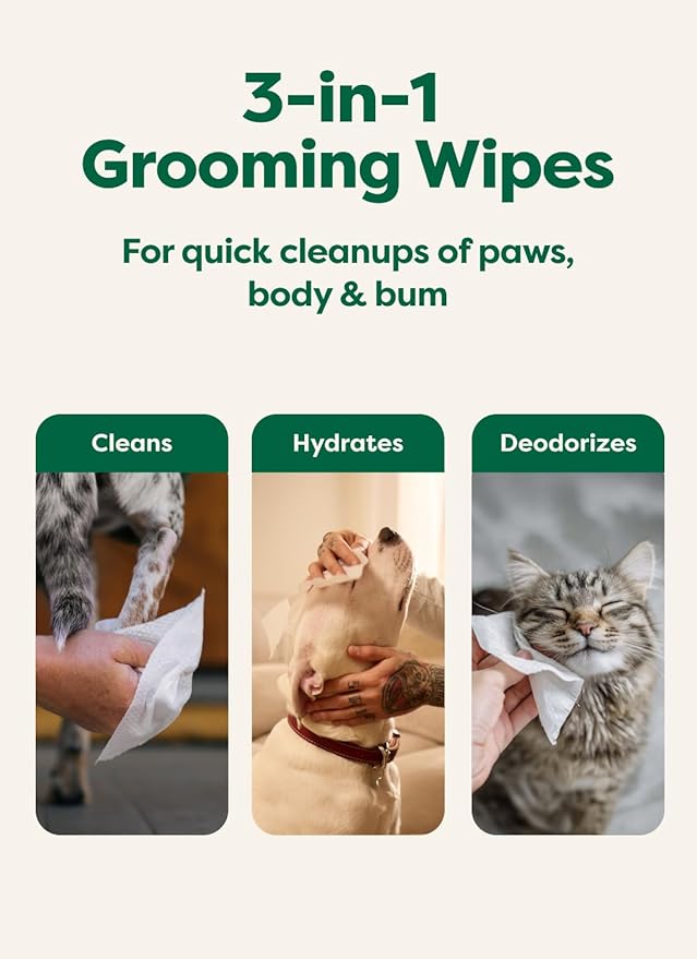 Earth Rated Pet Wipes for Dogs and Cats, Hypoallergenic, 3-in-1 Cleaning