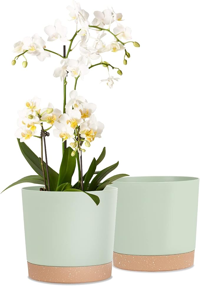 kubvici Indoor Plant Pots Set of 2 Planters 8 inch Plastic Planter with Hole & Saucer Modern Decorative for Outdoor Garden Home (Green, 8 inch)