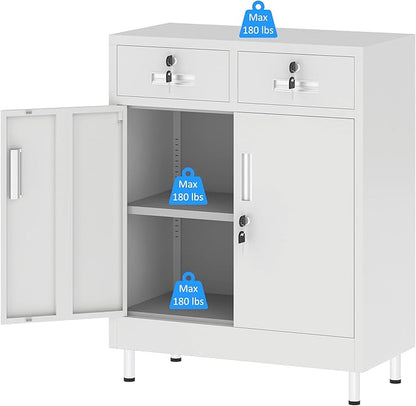 Metal Storage Cabinet with Locking Doors and 2 Drawers, Lockable Storage