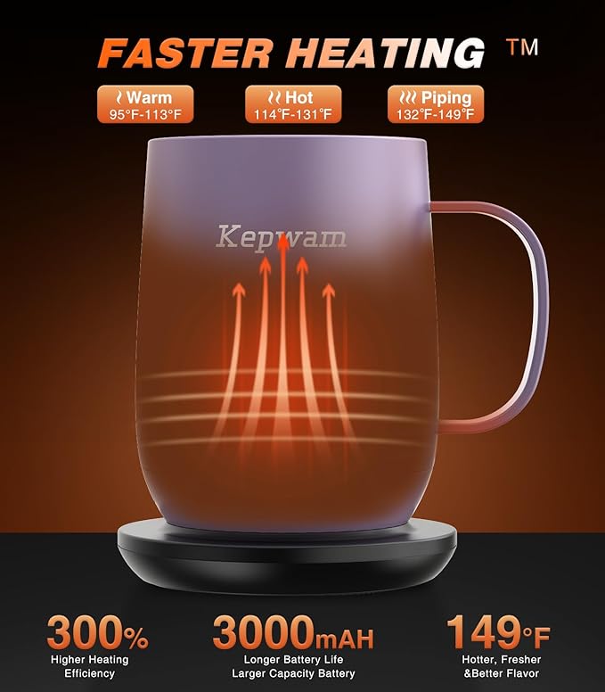 Kepwam Self Heating Coffee Mug T2, 16oz Smart Heated Coffee Mug, 150 Min