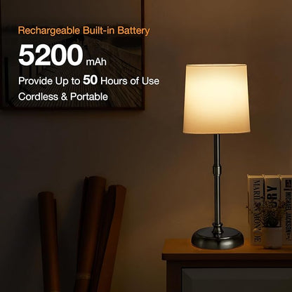 Cordless Black LED Table lamp, 5200-mAh Rechargeable Battery, 3-Level Brightness, Build-in Integrated LED 320 Lm Max, Night Lamp Ambient Light, for Bedside Restaurant Dining Table