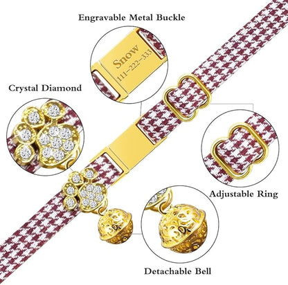 Personalized Breakaway Cat Collars - Magnetic Buckle, Bell - Safety Quick Release, Customized for Girls & Boys Cats - Houndstooth