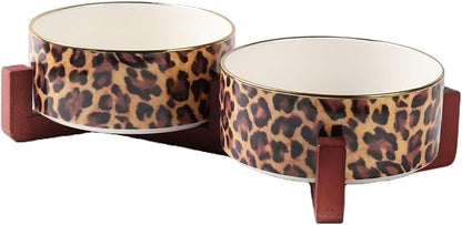 Dog Bowl Set with Wood Stand, Non-Slip Anti-Tip Elevated Design, Double Ceramic Animal Food Water Cat Bowls, Suitable for Large/Medium Sized Dog Pet Feeder Dish Station - 32 OZ, Leopard Print