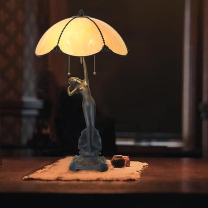 TL0033 Tiffany Style Table Lamp Stained Glass Umbrella Shade with Lady Sculpture Base W 15.75 X OH 27 Inches, Art Nouveau Lamp for Home Office, LED Bulbs Included