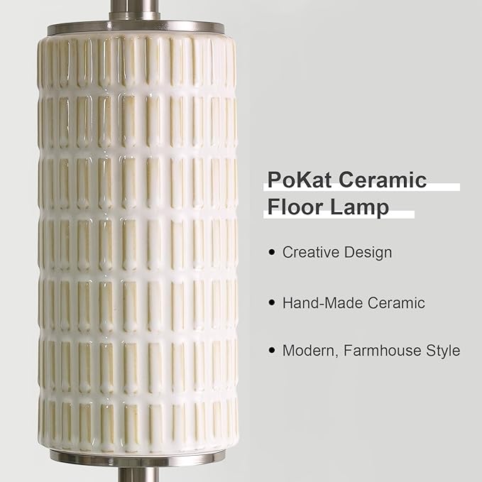 PoKat Silver Ceramic Floor Lamp for Living Room Bedroom, 64" Modern Tall Standing Lamp with Rotary Switch, Traditional Living Room Lamp for Corner, Home Office, Nursery