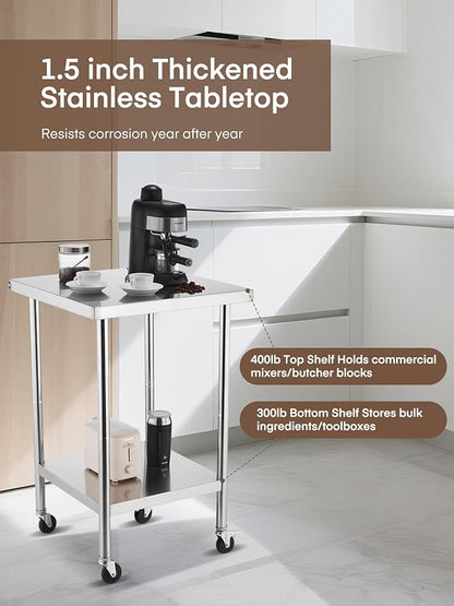 FOHERE Stainless Steel Table, Prep Table W/4 Caster Wheels, 400 LBS Load Capacity，NSF Commercial for Restaurant, Home and Hotel (24×24 in)