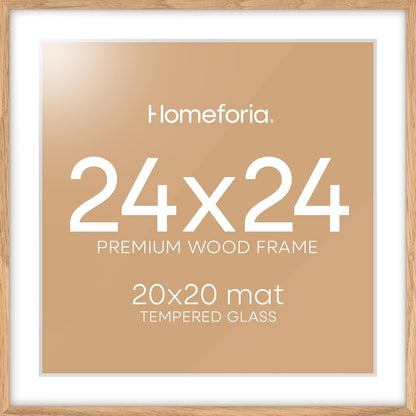 Homeforia 24x24 Wood Picture Frame, High End Natural Oak 24 x 24 Square Light Wooden Poster Frame with Mat 20 by 20 Photo, 24by24 Large Frames Matted to 20x20 Print, Tempered Glass, Wall Kit, Set of 1