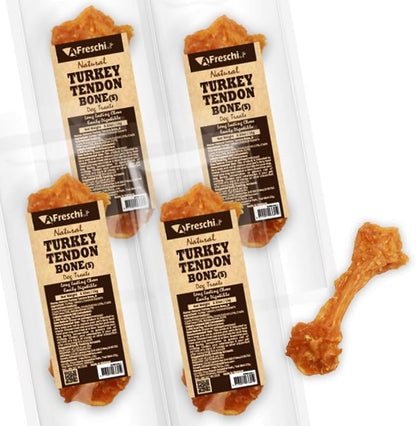 AFreschi Turkey Tendons for Dogs, USA-Sourced, Healthy Dog Treats, Rawhide-Free Puppy Chews, Long Lasting, All Natural, Hypoallergenic Dog Treats for Small Breeds, 4 Count Pack Bone (S)