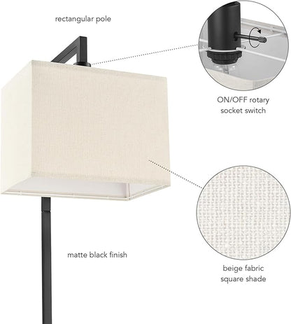 Globe Electric 61000052 60" Floor Lamp, Matte Black, Square White Fabric Shade, On/Off Rotary Switch on Socket, Square Rod, Reading Lamp, Home Office Accessories, Home Décor, Home Improvement