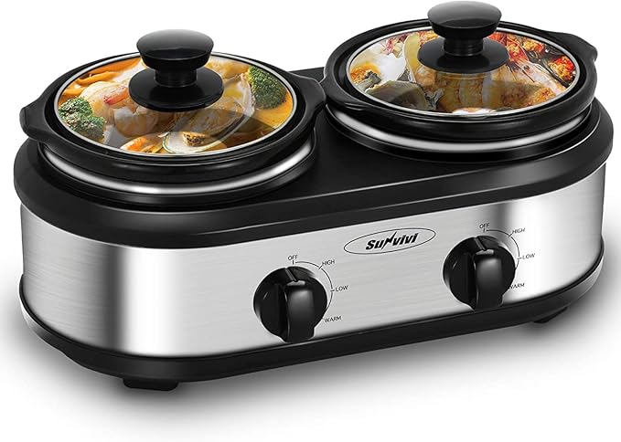 Sunvivi Dual Pot Slow Cooker, 2 Pot Small Mini Crock Buffet Server and Warmer