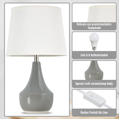 GyroVu Table Lamp Set of 2, 18.63” Ceramic Table Lamp Classic Beside Lamps Nightstand Lamp Modern Lamp for Living Room, Bedroom & Office Rocker Swtich Grey-LED Bulbs Included