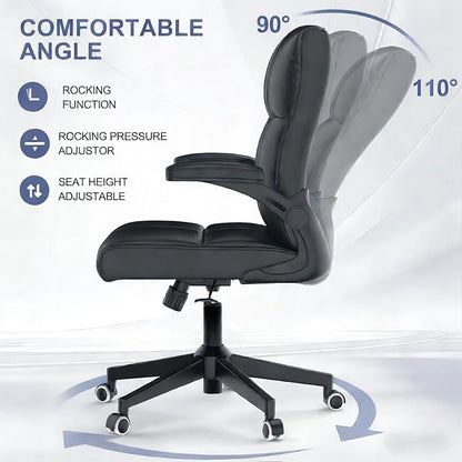 Ergonomic Home Office Chair with Space Saving Flip-Up Arms, 360° Swivel & Reclining Back, High-Back Executive Chair in Soft Faux Leather Chair Multi-Angle from 90° to 135° with 450LBS Capacity（Black）